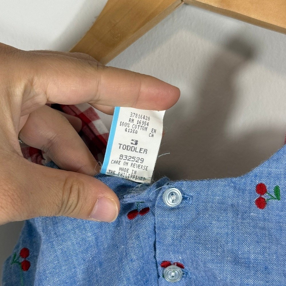 Vintage Cherry Embroidered Chambray Bubble Romper Gingham Bow Toddler 3 832529 - Picture 9 of 12